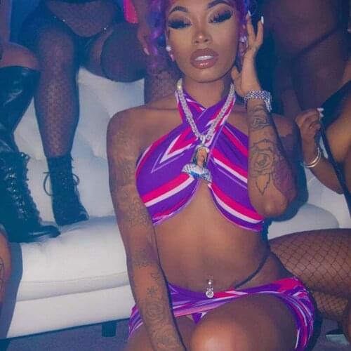 ZKYZWX Sexy Striped Print 3 Piece Summer Clothing Backless Crop Top Bodycon Mini Dresses for Women Night Club Matching Sets