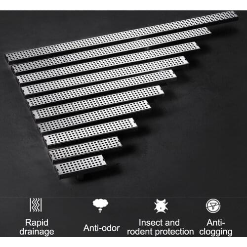 20-100cm Silver Side Outlet Floor Drain Square Pattern Bathroom Shower Drainage Rectangle Stainless Steel Waste Drain Strainer