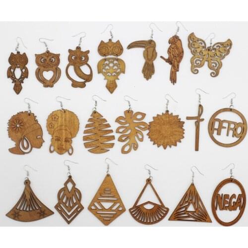 2021 Ins Coffee Wood Hollow Out Flower Owl Bird Leaf Afro Irregular Africa Earrings Vintage Wooden DIY Women Party Jewelry