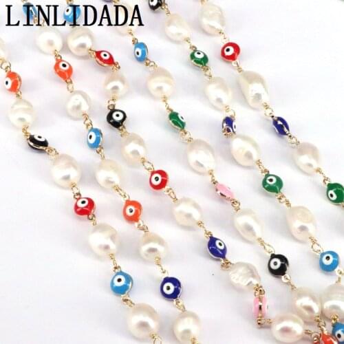 3 Meters, Pearl Chain, Wire Wrapped Freshwater Pearl Link Chain, Pearl Evil Eye Beads Rosary Chain
