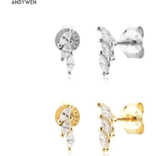ANDYWEN 925 Sterling Silver Gold Three Ovals Zircon Stud Earring Piercing Pendiente Luxury Clips Women Luxury Jewelry