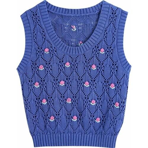 Aonibeier 2021 Za Woman Sweaters Traf Crop Tops Autumn Winter Sleeveless Pointelle Knitted Gilets Flowers Embroidery Slim Vest