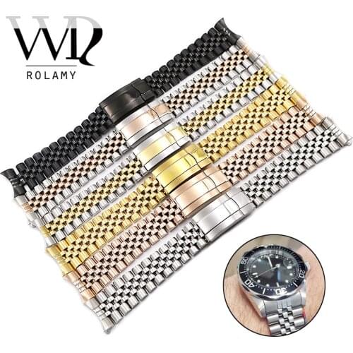 Rolamy 19 20mm Watchbands Hollow Curved End Screw Links 316L Stainless Steel Jubilee Bracelet Band For Datejus Watch Band Strap