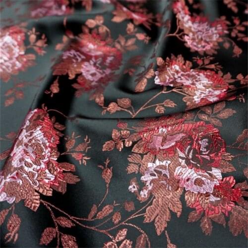 CF1113 Black Base Red Flowers Jacquard Brocade Fabric Antique Satin Silk Cheongsam Fabric Home Textiles Curtain DIY Materials