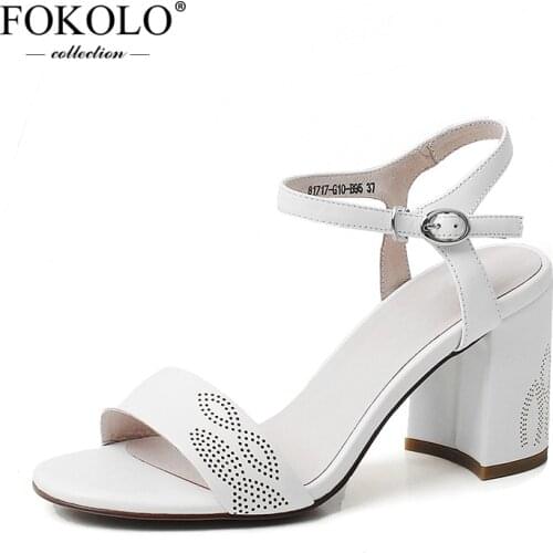 FOKOLO 2020 High Heels Sandals Women Apricot Sheepskin Upper Buckle Ankle Strap Simple Genuine Leather Summer Shoes for Women L3