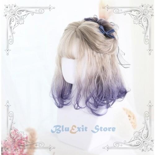 Gradual Blonde Purple Lolita Wig Harajuku Fairy Witch Cosplay Bangs Curly Short Sweet Fringe Synthetic Hair for Adult Girls