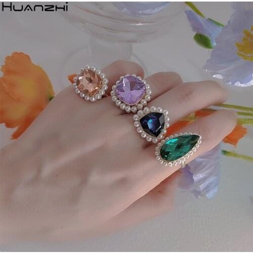 HZ 2020 New Vintage Imitation Pearls Geometry Rectangle Water Drop Crystal Rings for Women Girls Elegant Simple Jewelry Gifts