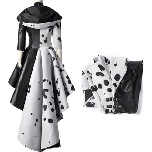 Movie Cruella Cosplay Costume Adults Women Fashion Black And White Spots Overcoat Halloween Carnival Coat Accessories