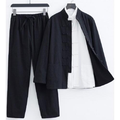 Cotton Linen Tang Dynasty Suit Men Three Pieces Chinese Style Retro Buttoned Jacket Shirt Pants Set