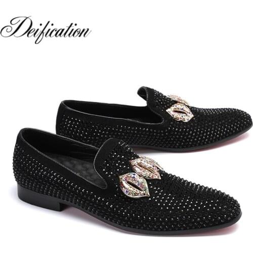 Deification Hot Drilling Party Designer Shoes Luxury 3 Mouths Crystal Studded Men Shoes Leather Ayakkabi Slip On Runway Loafers
