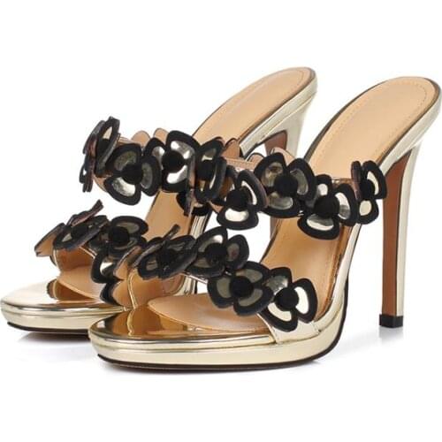 Fashion Ladies Leather 3D Flowers Decor Straps Slipper Woman Gladiator Peep Toe Platform High Heels Slide Sandals Party Shoes