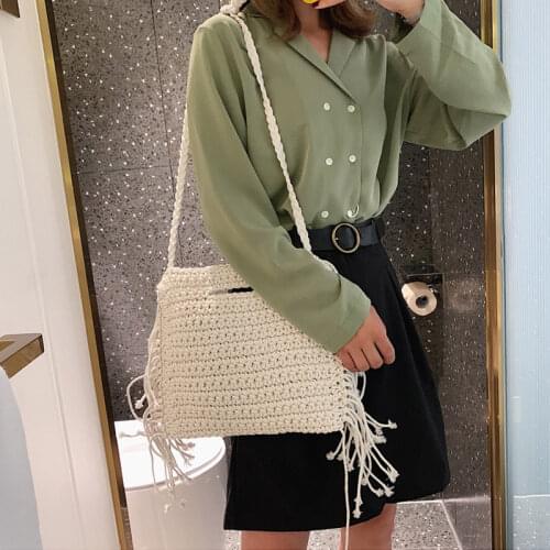 Cotton Line Tassel Hand Holding Notch Woven Crossbody Bag Women Straw Handbag Beach Tote