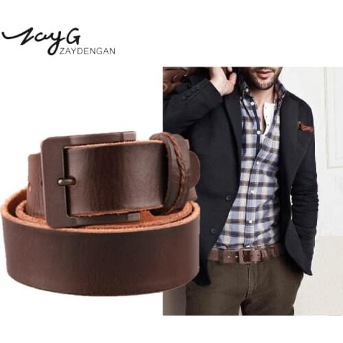 ZAYG New men belt genuine leather casual vintage belts pin buckle full grain cow leather Male belt Luxury straps girdle men gift