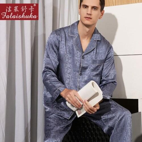 Naizaiga 19 Momme 100% silk blue gray silver gray long sleeve Jacquard men fashion spring pajamas , SKFS25