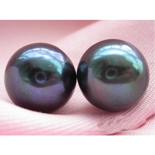 New Classic Favorite Real Pearl Earring AAA Huge 15mm Black Freshwater Pearl 14K Gold Stud Earrings Wedding Charming Lady Gift