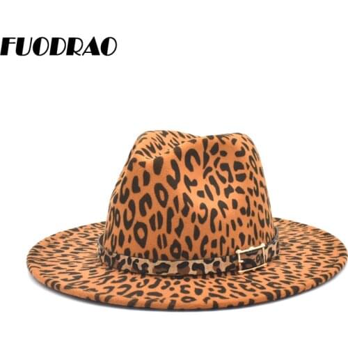 FUODRAO New Fedoras For Women Leopard Print Wide Brim Trilby Wool Jazz Caps Men Vintage Panama Cappello Donna Elegante F128