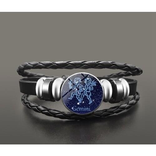 Punk Gemini Leo Cancer Multilayer Bracelet Fashion 12 Constellation Zodiac Sign Glass Dome Button Snap Bracelets Wristband