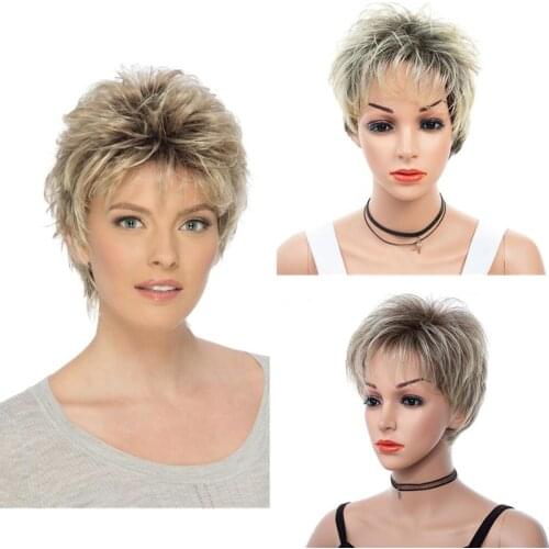 Hywamply 8" Short Layered Cut with Curls Wigs Brown Blonde Mix Synthetic Pexie Cut Hair Wigs Fun Fashion Wig for Women