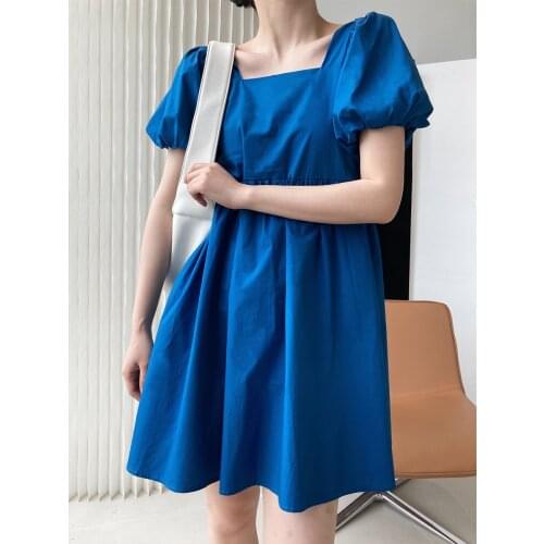 Square Neck Dress With Gentle Summer Style Waist Closed Slim Bubble Sleeve Blue White Black Midi Dreses