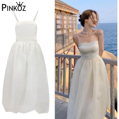 Pinkoz lady white midi dress mesh holiday party birthday dinner midi camisole high waist slim women lady dresses fashion French