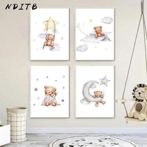 Pretty Bear Play Swing Canvas Child Poster Cute Baby Animal Nursery Painting Wall Art Print Picture Kids Bedroom Decoration