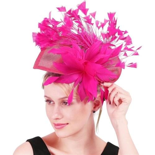 Hot Pink Cocktail Hat Flowers Imitation Sinamay Fascinators Hat Millinery With Feather For Summer Derby Wedding Party Race Event