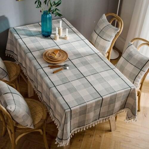 Grey Tablecloth With Tassel Cotton Linen Table Covers Rectangular Coffee Table Grid Tablecloth