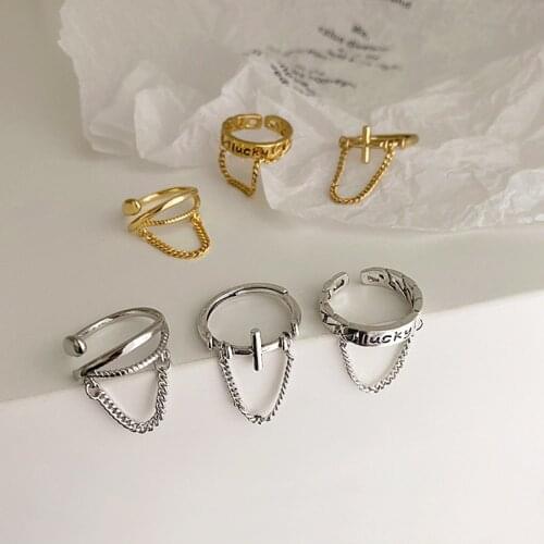 SRCOI Vintage Distressed Design Metal Chain Tassel Open Ring Simple Letter Cross Ring Woman Girls Hip-Hop Fashion Jewelry