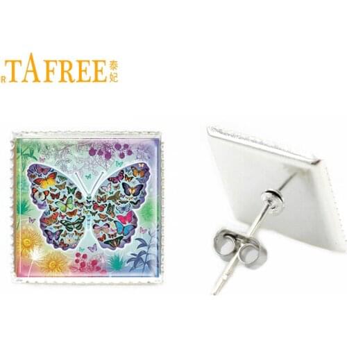 TAFREE 2017 colorful butterfly square stud earrings women animal stud earrings glass fashion jewlery E279