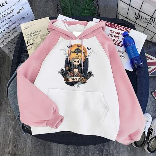 Nightmare Before Christmas Print Womens Hoodies Harajuku Cartoon Hoodie Autumn Raglan Clothing Crewneck Fleece Sweatshirts Women
