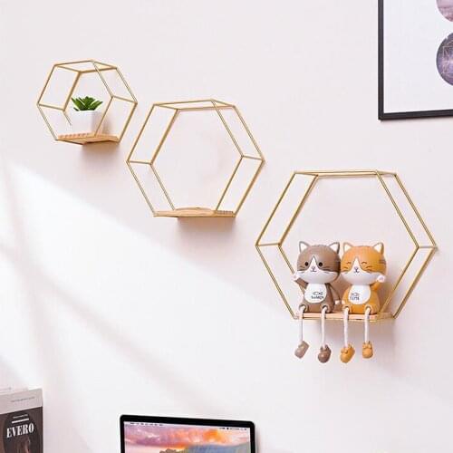 Corner Floating Shelves Small Wall Shelf Hexagonal Holder Iron Art With Seamless Nails Golden Mini Storage Decoration Rack