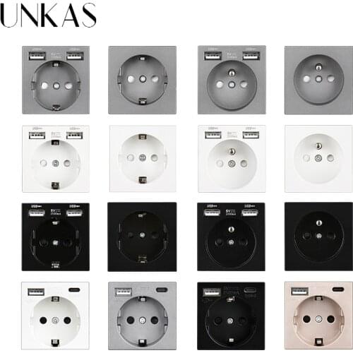 UNKAS B8 Modules DIY Free Combination New EU / French Type C 16A Wall Power Socket Dual USB Charger Port Hidden Soft LED Outlet