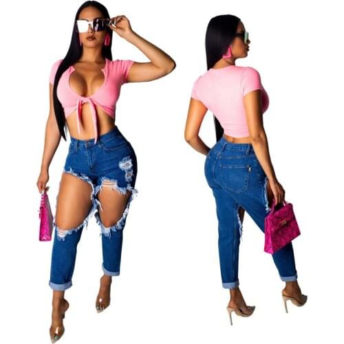 In Stock HSF2022 Wholesale elastic high waist hole female decoration bodycon denim pants