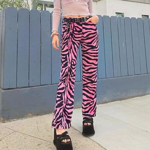 Women Casual Straight Pants Zebra Striped Animal Print High Waist Flared Bell Bottom Trousers Harajuku Hip Hop Punk Streetwear