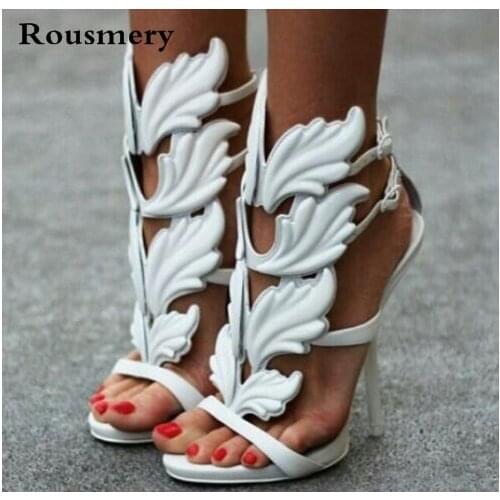 Design Cruel Summer Leaves Angle Wings Shoes Woman Buckle Strap Gladiator High Heels Sandals Women Gold Silver Yellow White Red