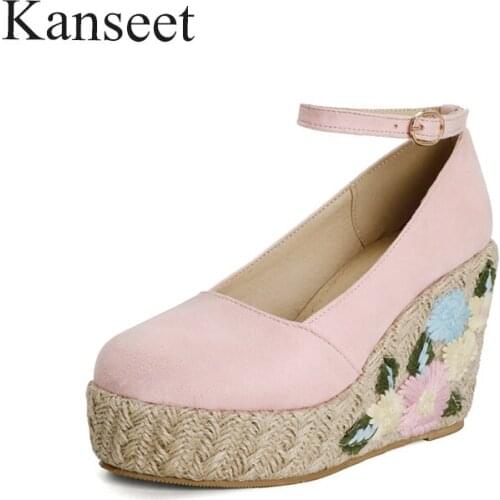 Kanseet Weave Wedges Fashion New Spring Autumn Womens Shoes Flower Round Toe Platform Super High Heels Shoes Women Big Size 43