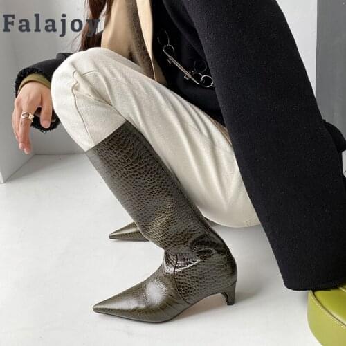 Falajoy Kitten Heel Wide Calf Knee High Boots Pointed Toe Luxury Brand Crocodile Print Leather Tall Long Fashion Boots Women