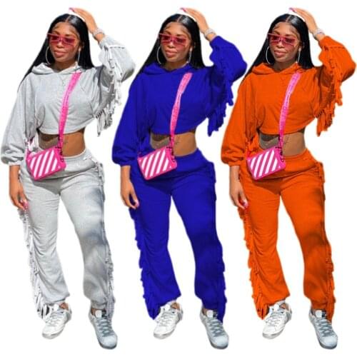 New Autumn Winter Solid Sweater Tracksuit Women Casual Tassel Hooded Crop Top + Sweat Pants Slim Two Piece Set Sportwear Outfits