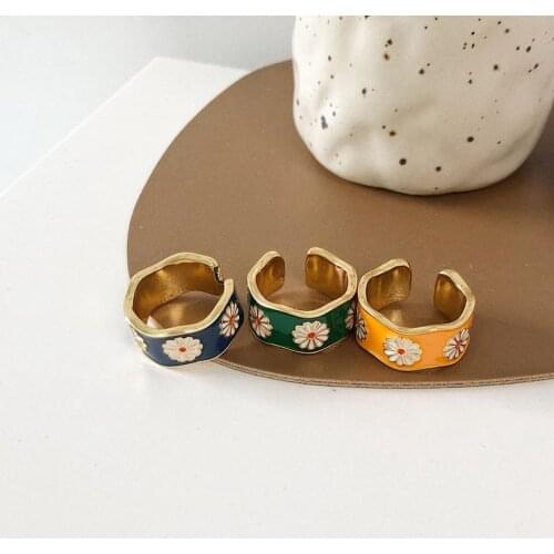 French Design Franc Oil Sun Flower Finger Rings For Women Yellow Blue Green Big Wide Gold Ring Jewelries Ladies Gift Jewellery