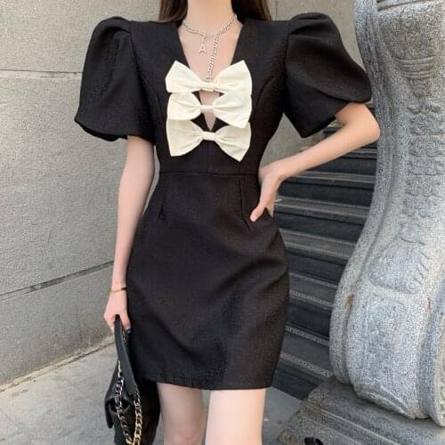 Sweet Vintage Black Women Dress Spring Summer Chic Gothic Casual Office Bow Hollow Out V-Neck Puff Sleeve Party Dresses Vestidos