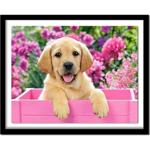 Diamond Painting Animal Round Crystal Full Diy Diamond Embroidery Flower and Dog Needlework Home Decorative