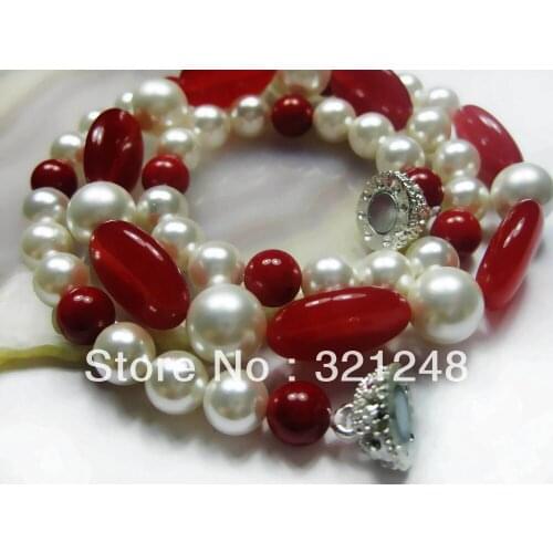 White Round Shell Simulated-Pearl Red stone chalcedony jades Oval Beads Necklace High Grade Women Elegant Jewelry 18inch A029