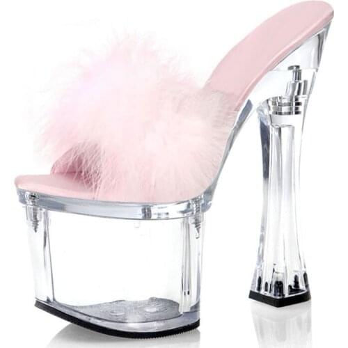7 Inch Rabbits hair Full Dress Women Stripper Heels Peep Toe Concise Platform Sandals Sexy Fetish Nightclub Pole Dance Shoes