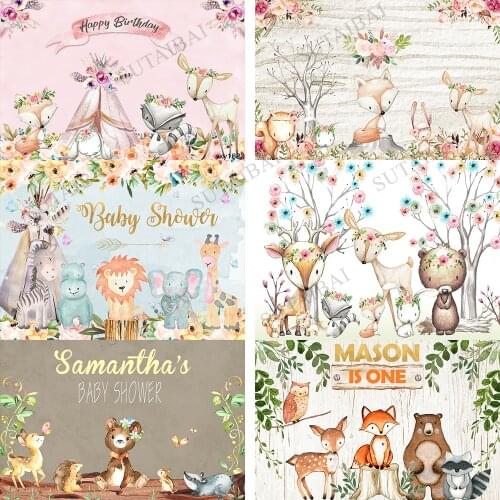 Animals Newborn Baby Shower Photography Background Woodland Party Decoration Banner Fox Bear Backdrop for Photo Studio