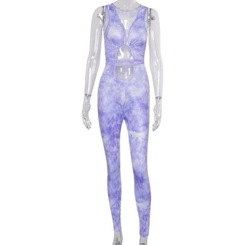 Summer new womens one-piece tie-dye suspender jumpsuit wrap chest hollow belt sexy slim slim long pants jumpsuit