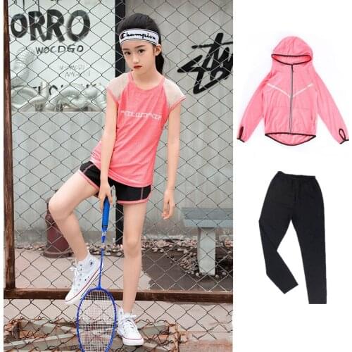 Fitness 4pcs Kids Girls Yoga T-shirt Compression Tights Pants Women Running Coats Jogging Leggings Sports Suit Workout Tracksuit
