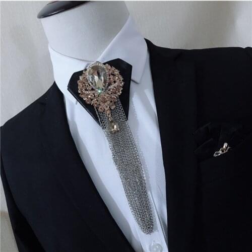 Korean Leather Bow Tie Neckties Metal Rhinestone Tassel Neck Ties Mens Shirt Cravat Wedding Luxury Jewelry Accessories