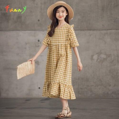 Ruffled V-neck Summer Girls Dresses 2021 Short Sleeve Cotton Casual Yellow Plaid Dress Mid-Calf Robe Fille 8 10 12 ans