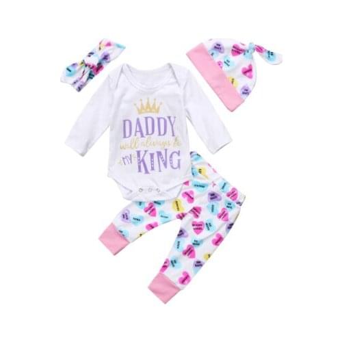 Fashion Newborn Baby Girl Cotton Tops Bodysuit+Pants+Hat+Headband Outfits 4Ps Set Clothes 0-24M