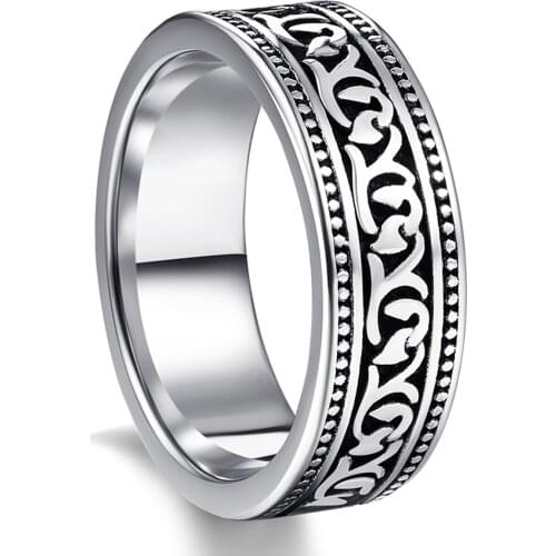 New Silver Color Flower Engrave Ring For Men Stainless Steel Vintage Wedding Ring Jewelry Stainless Steel Vintage rings